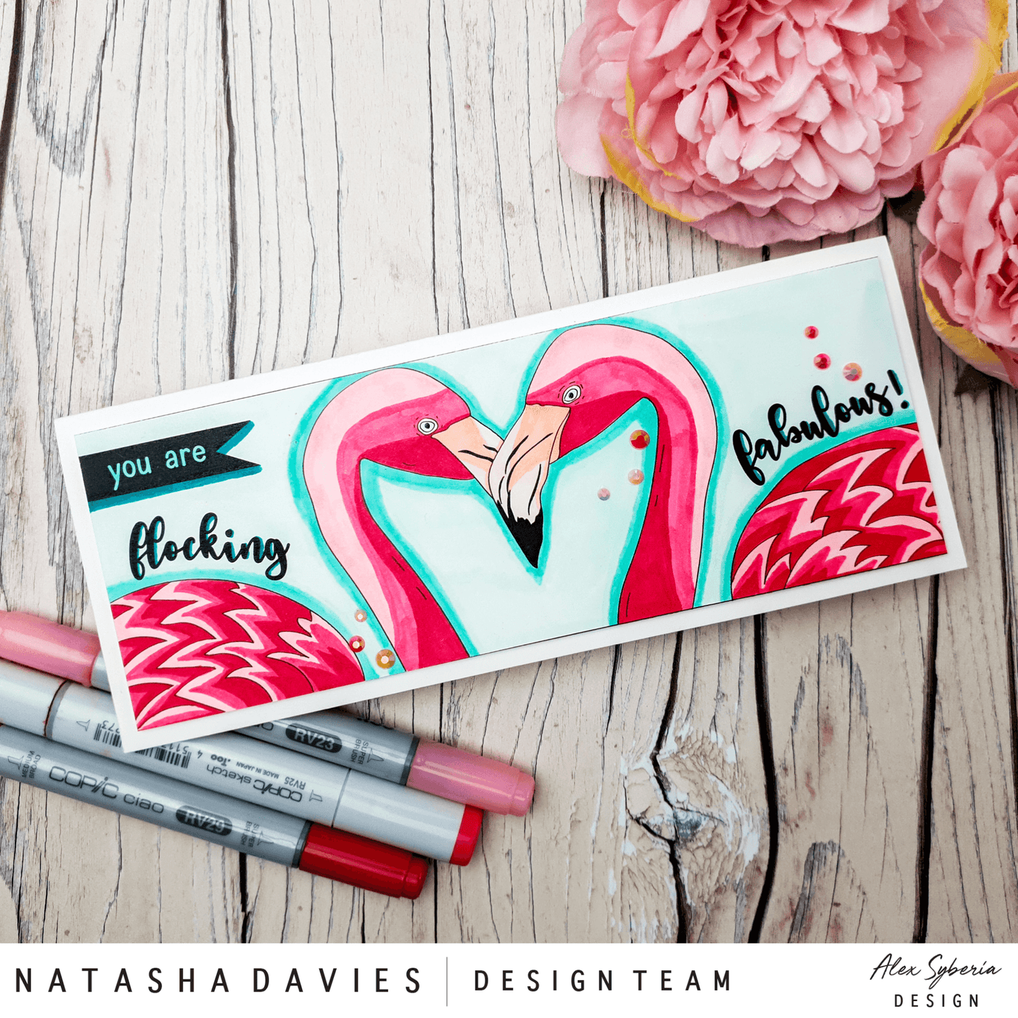 Flirty Flamingos Slimline Card Panel Digital Stamp - Alex Syberia Designs