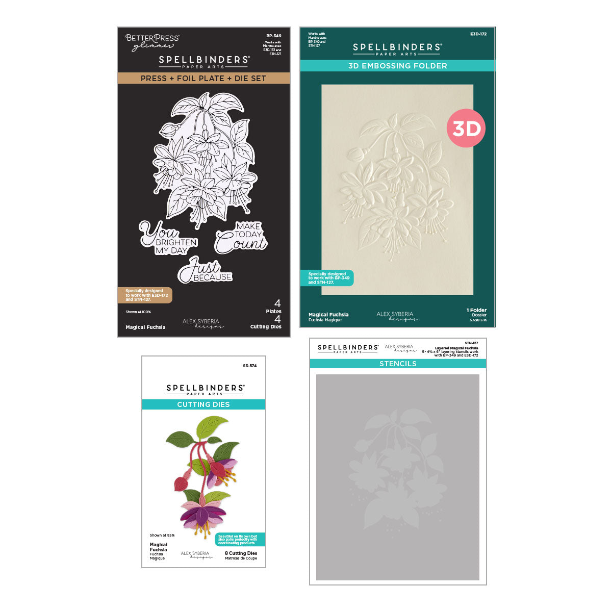 Collection of Spellbinders Alex Syberia Designs Magical Fuchsia Bundle including dies, foil plate, embossing folder, and stencils on a white background.