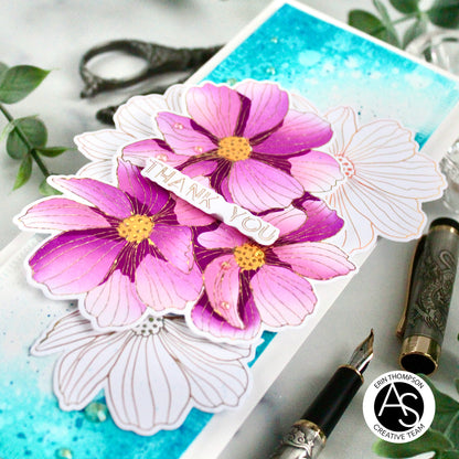 Floral card with 'Thank You' message on a blue background, featuring a pen and ink bottle. alex-syberia-designs best uk cardmaking brand papercrafting better-press-plate spellbinders