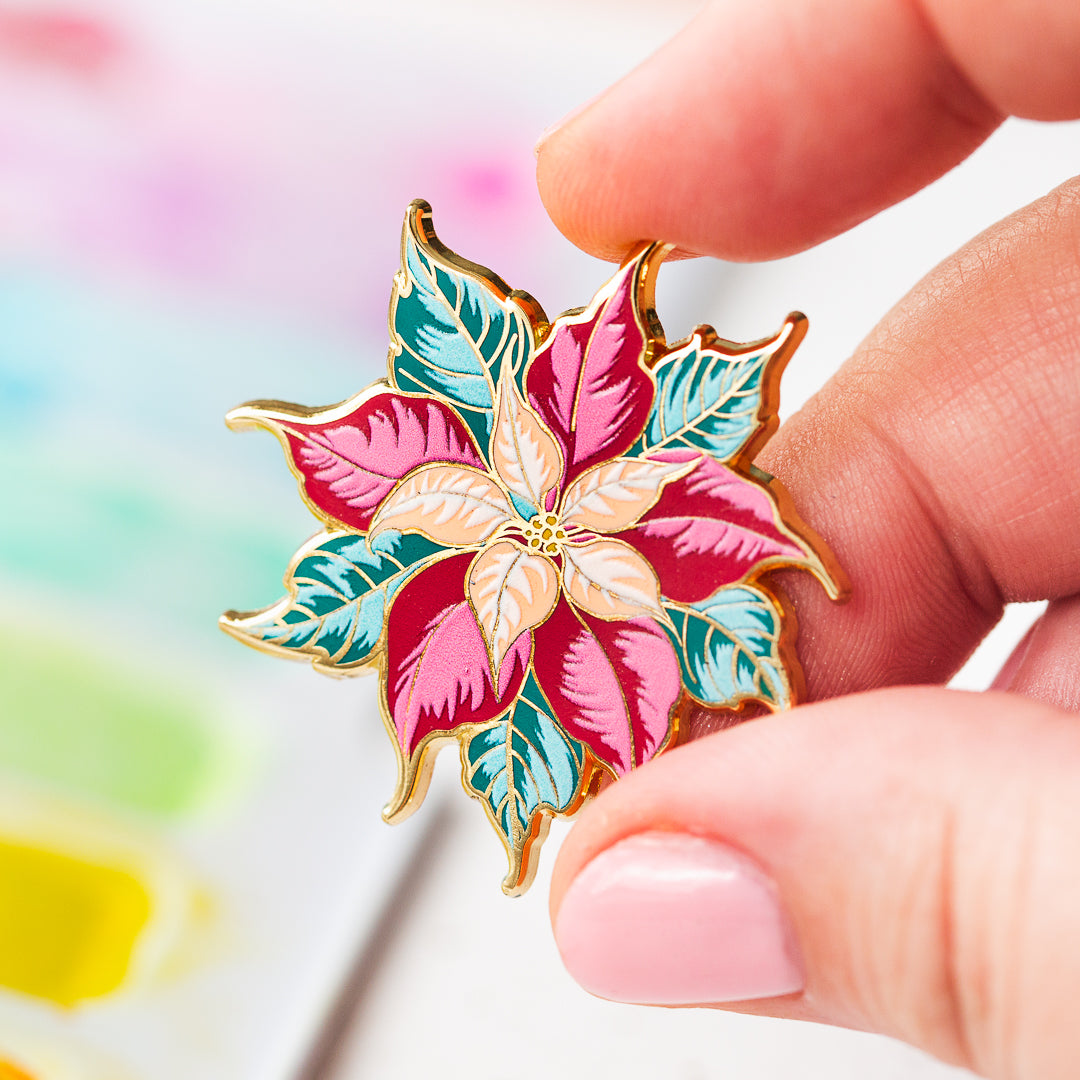 Festive Poinsettia Alex-syberia-designs-enamel pin stamp
