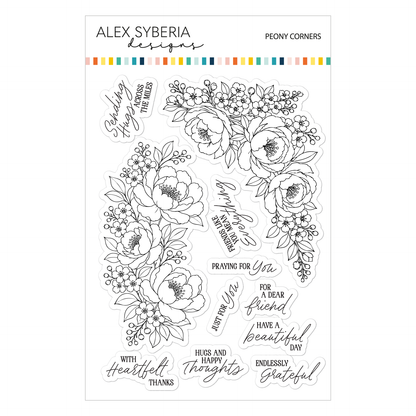 A sheet of clear stamp designs from Alex Syberia Designs, featuring black line-art illustrations of peony flowers and various sentimental phrases on a white background. Alex Syberia Designs