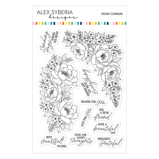 A sheet of clear stamp designs from Alex Syberia Designs, featuring black line-art illustrations of peony flowers and various sentimental phrases on a white background. Alex Syberia Designs