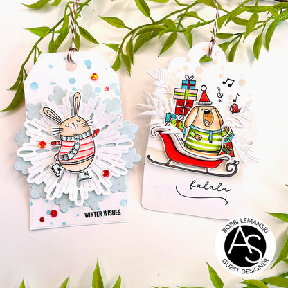 falala-friends-stamp-dies-alex-syberia-designs-gift-christmas-sentiments-coloring-hat-winter-cards-handmade-hot-foil-plates-tags-scrapbooking-cardmaking-tags-dog-sing-song-skiing-skating-rabbit