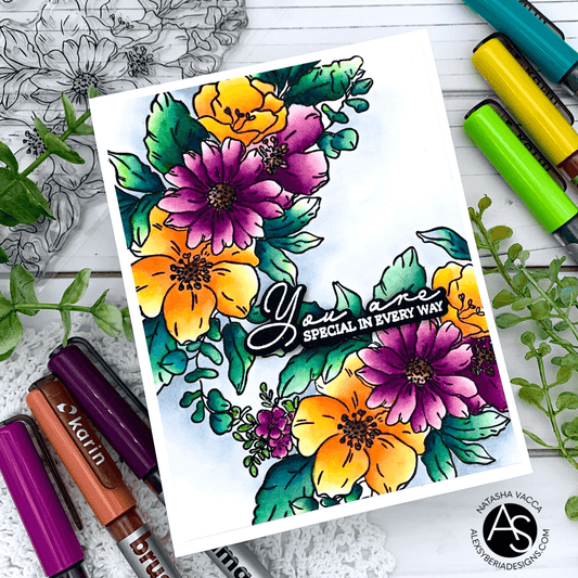 life-is-good-stamp-set-alex-syberia-designs-bouquet-coloring-cardmaking-tutorial-floral-card-famous-cardmaking-brands-copic-coloring-handmadecards-layering-stencils-embossing-karin-markers-watercoloring