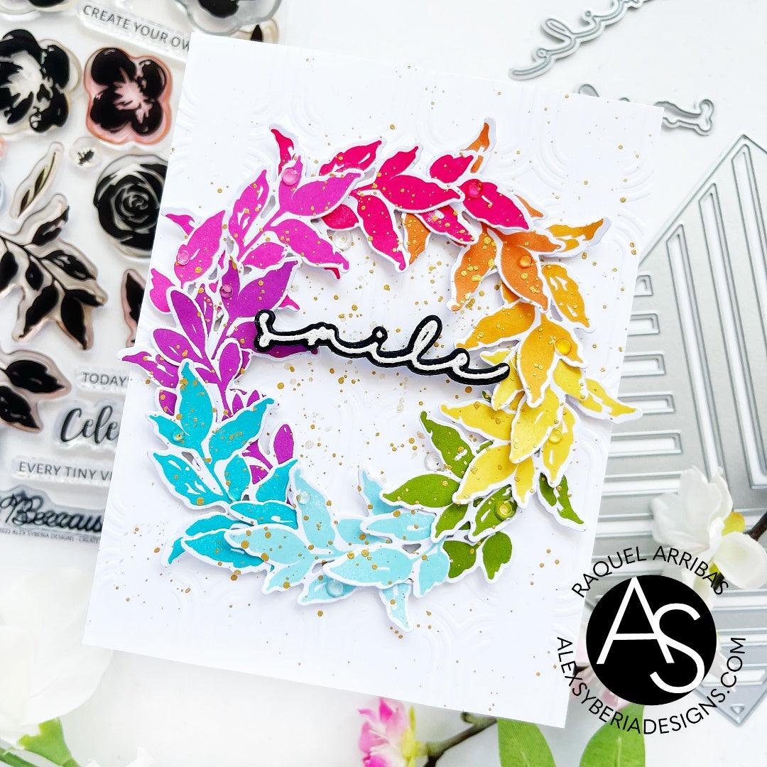 smile-word-die-alex-syberia-designs-cardmaking-scrapbooking-famous-brand-layering-stamps-leaves-wreath-cardmaking-rainbow-cards-stripes-background