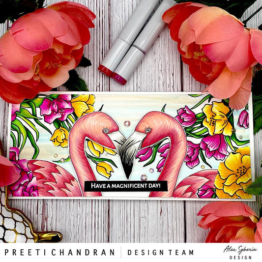 Flirty Flamingos Slimline Card Panel Digital Stamp - Alex Syberia Designs