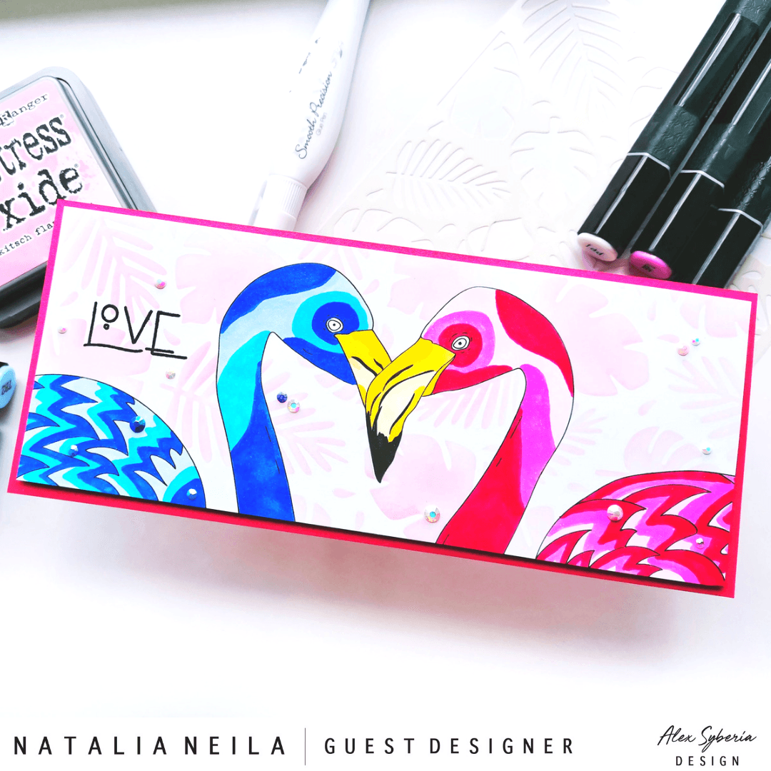 Flirty Flamingos Slimline Card Panel Digital Stamp - Alex Syberia Designs