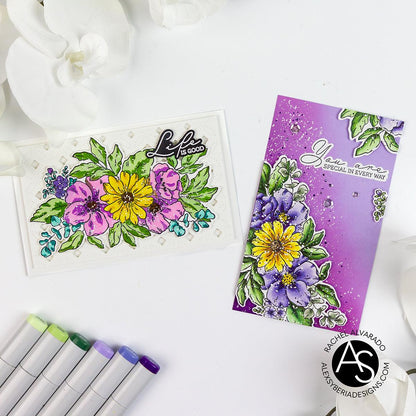 Life-is-good-die-set-alex-syberia-designs-bouquet-layering-stamps-cardmaking-coloring-popular-brands-stencils-copic-markers-tips-slim-line-cards