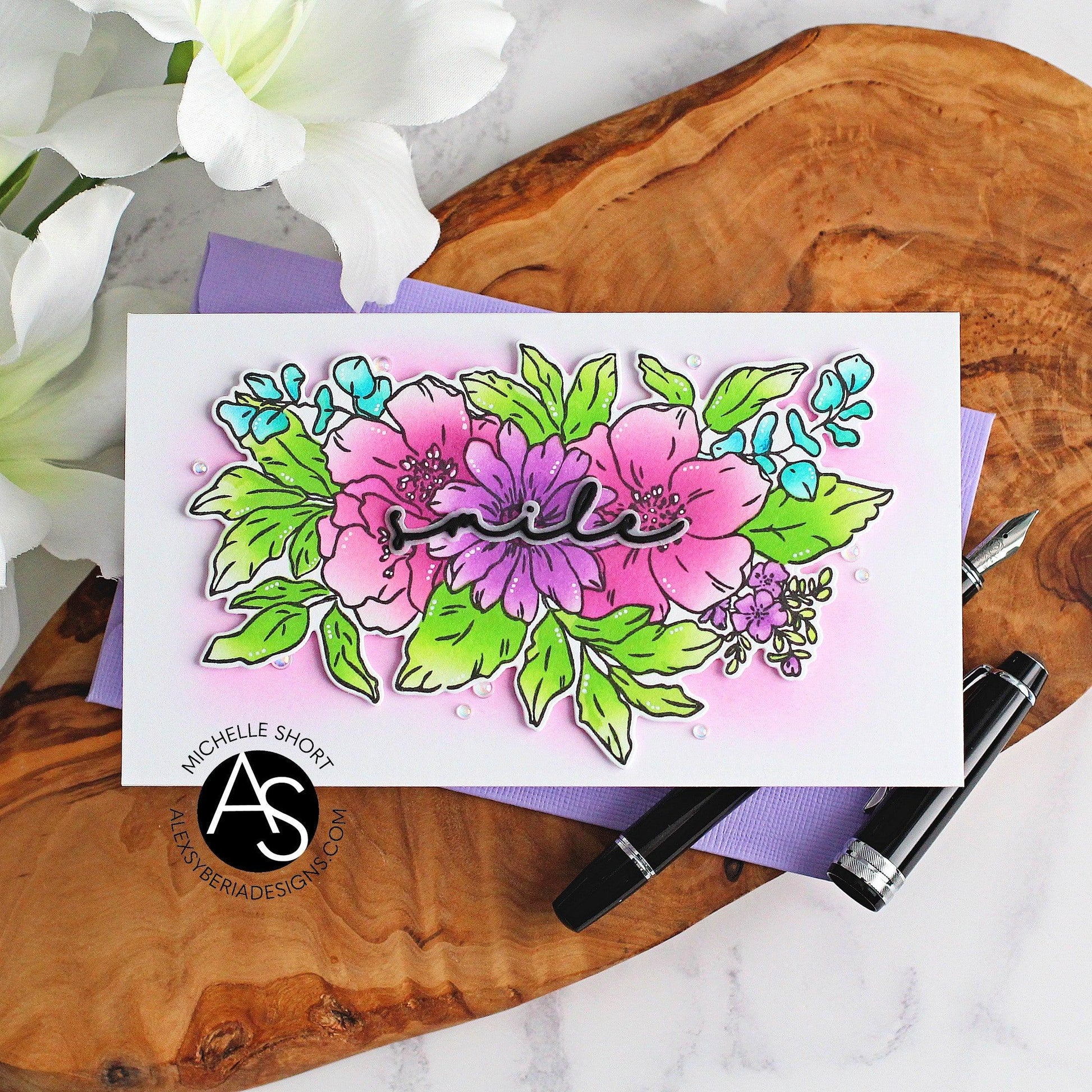 life-is-good-stamp-set-alex-syberia-designs-bouquet-coloring-cardmaking-tutorial-floral-card-famous-cardmaking-brands-copic-coloring-handmadecards-layering-stencils-embossing-smile-word-die-cover-stripes-cas-cards