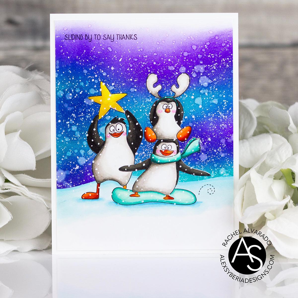 smile-and-wave-stamp-set-alex-syberia-designs-penguins-winter-christmas-stamps-sentiments-funny-snowboarding-stamp-ink-blending-cardmaking-technique-coloring
