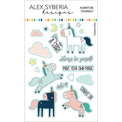 always-be-yourself-die-set-coordinating-stamp-unicorns-rainbow-stars-collection-alex-syberia-designs-cardmaking-scrapbooking