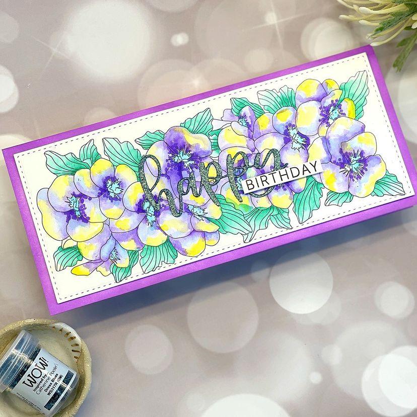 Pansies Slimline Card Panel Digital Stamp - Alex Syberia Designs